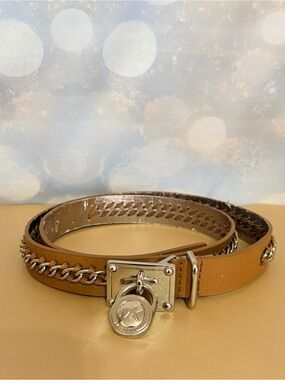 Michael Kors Ladies Leather Belt with Silver MK Lock & Chain
